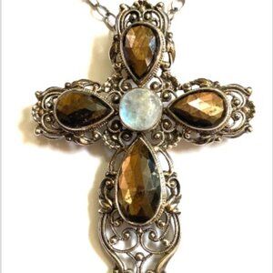 Sterling Silver Cross with 4 Tearsdrop Smoky Quartz Stones  & Opal Center Stone